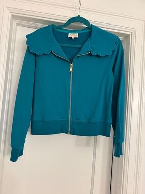 Teal Scalloped-Collar Sweatshirt Jacket with Gold Zip